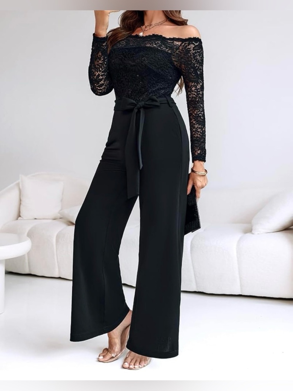 ChicMe Black Lace Off-Shoulder Wide Leg Stretchy Jumpsuit